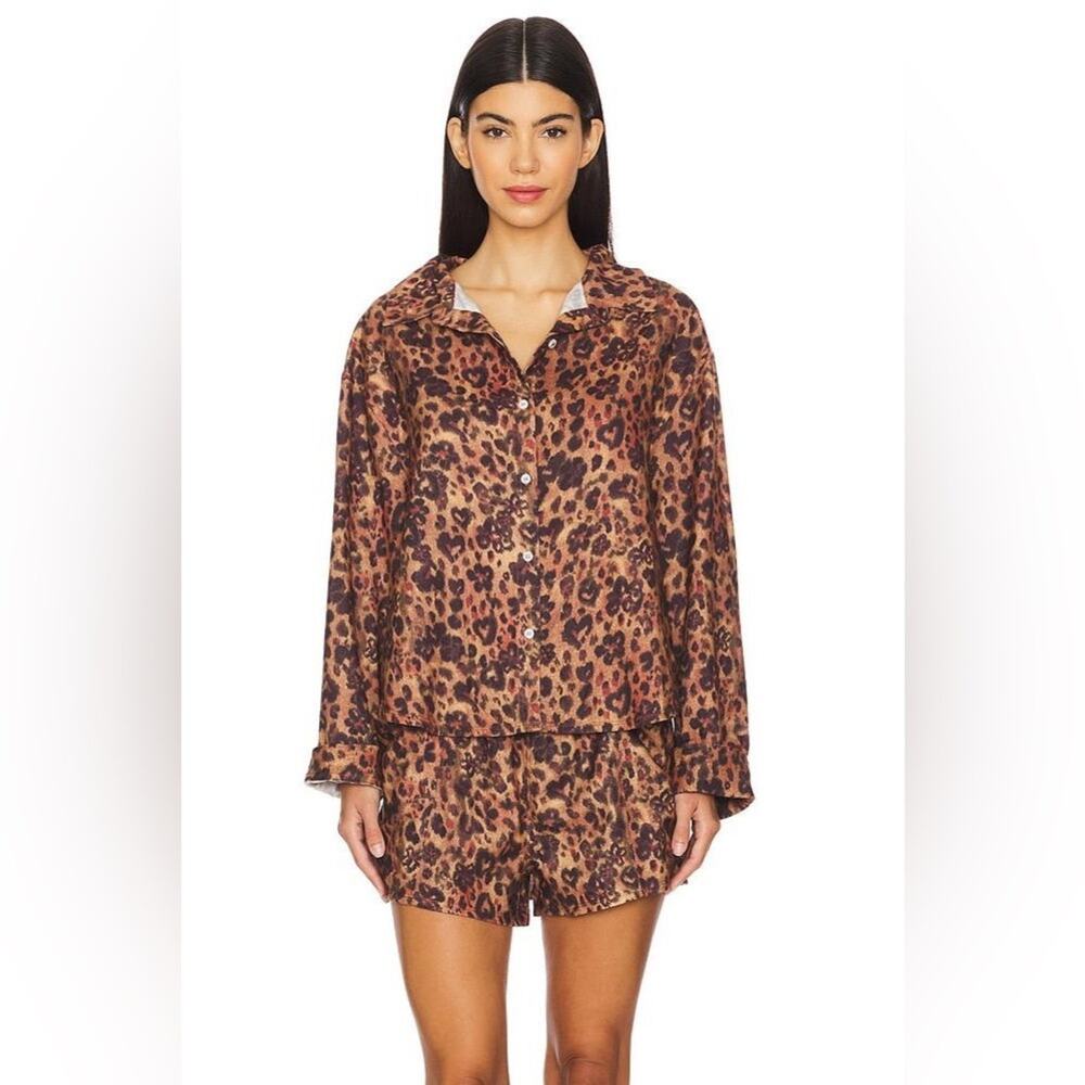 Free People Leopard-Print Satin Pajama Set — Brown/Black